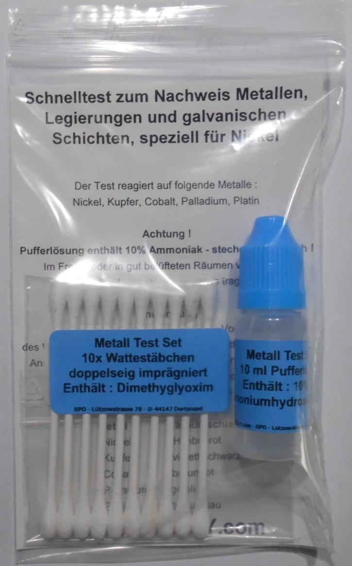 Nachweis von Metallen - Schnelltest zum Nachweis Metallen, Legierungen und galvanischen Schichten, speziell für Nickel